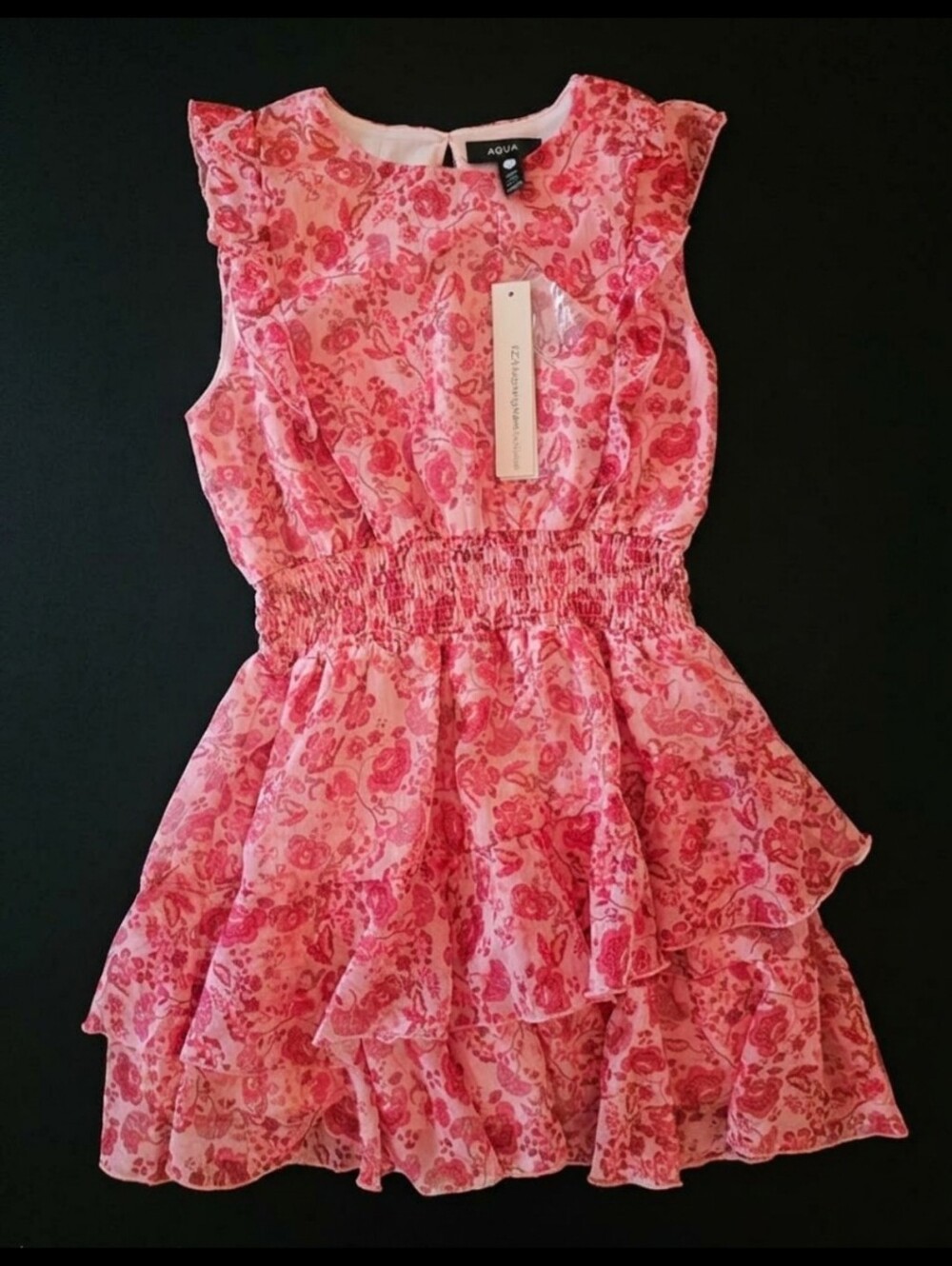 Bloomingdale's AQUA Girls Pink Floral Smocked Tiered Ruffle Dress Sz L 10/12 NWT